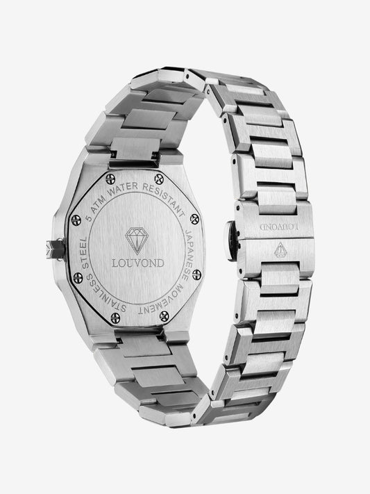 caseback men’s watch with 5 ATM resistance, stainless steel case, and sapphire glass