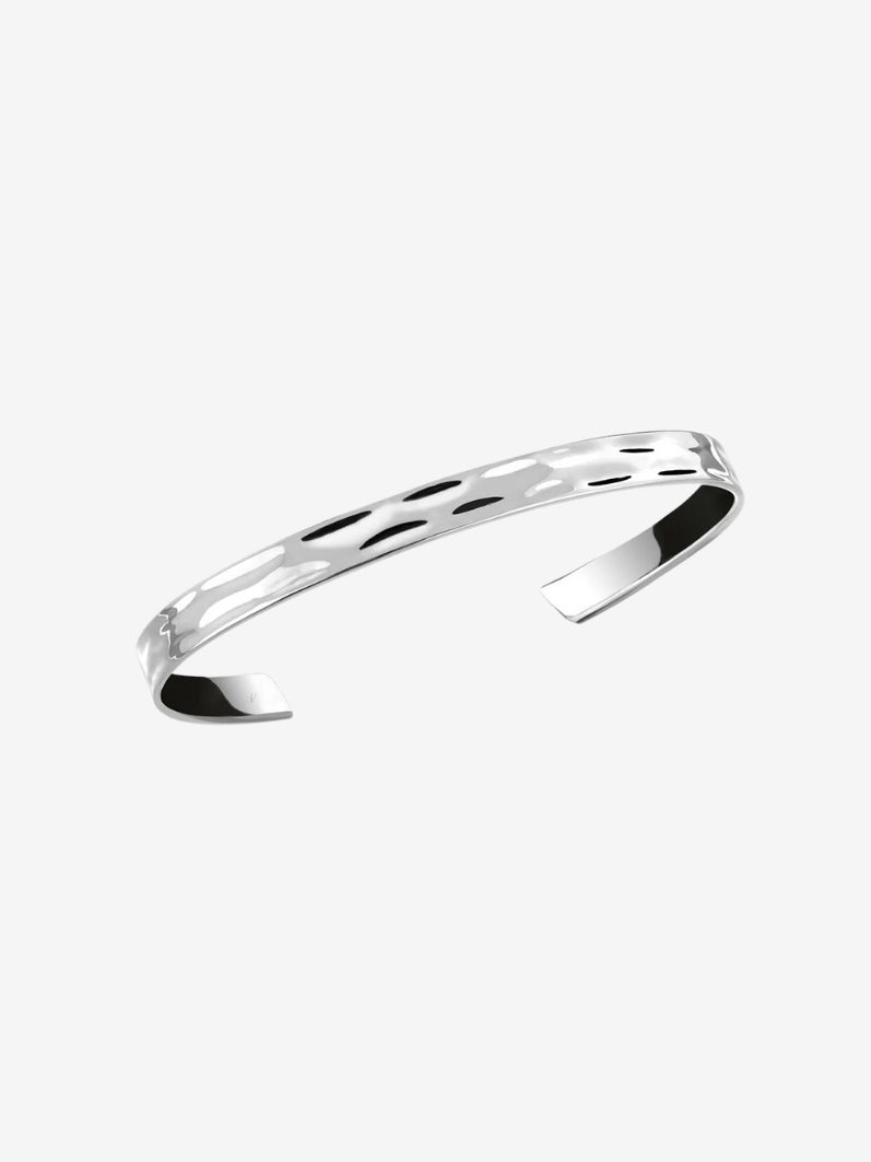 Sleek silver stainless steel bracelet with polished surface, hypoallergenic and water-resistant, suitable for daily wear