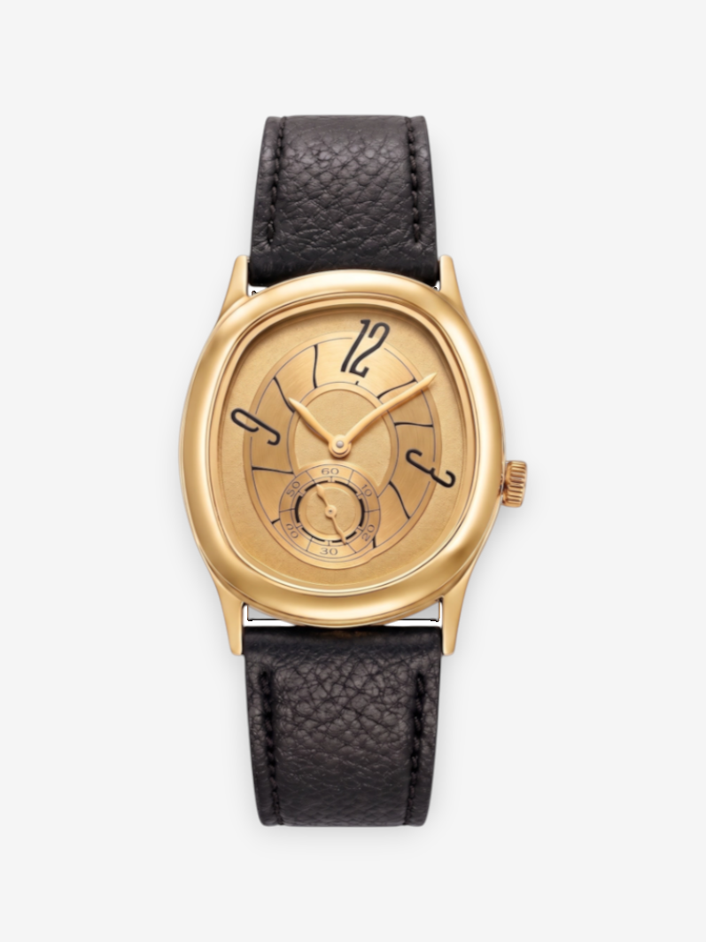 LOUVOND luxe analoog horloge met goudkleurige ovale kast, zwarte generfde lederen band en asymmetrische cijfers.