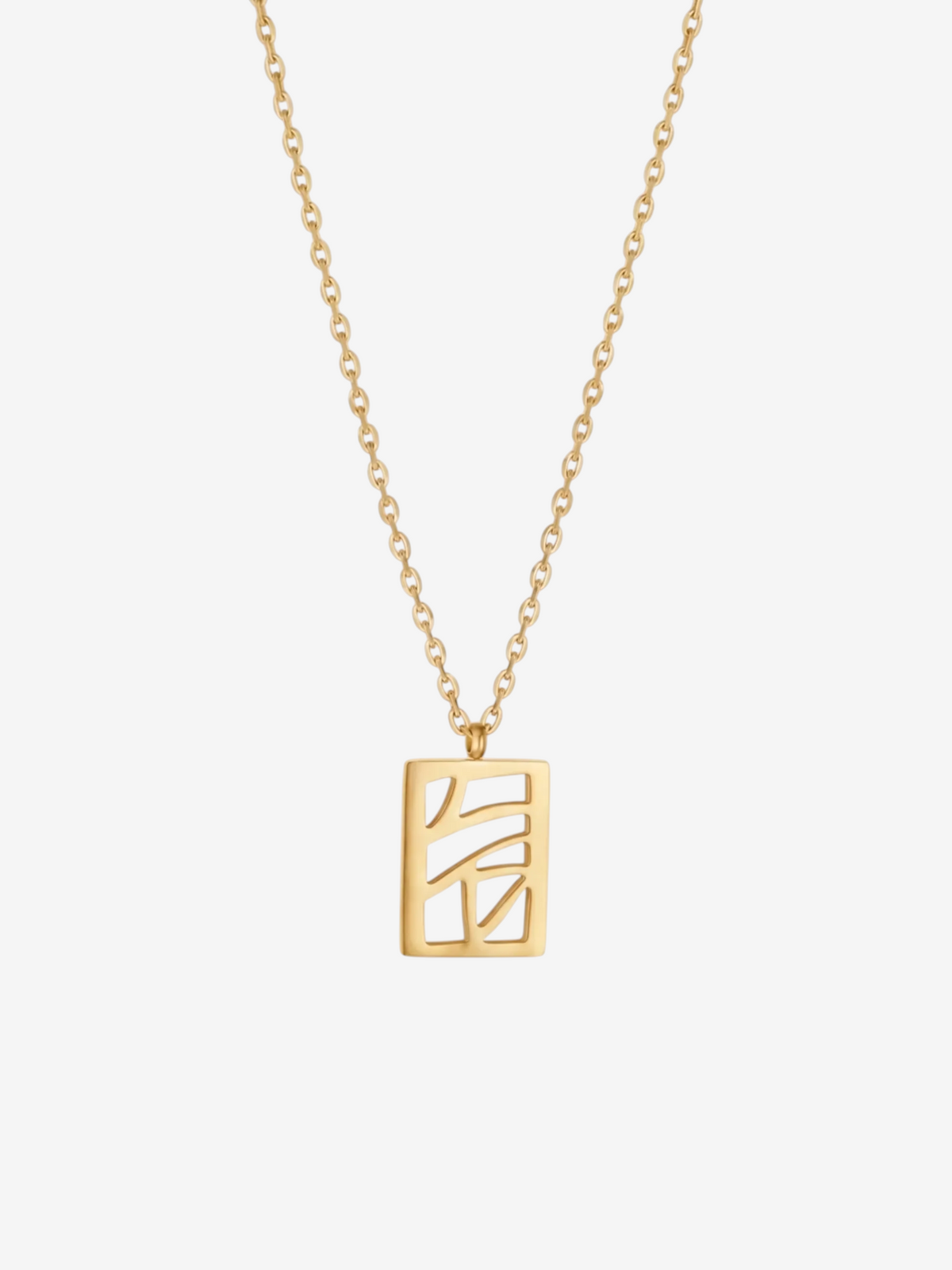 LOUVOND Labyrinth ketting met een rechthoekige goudkleurige hanger met abstract geometrisch opengewerkt design.