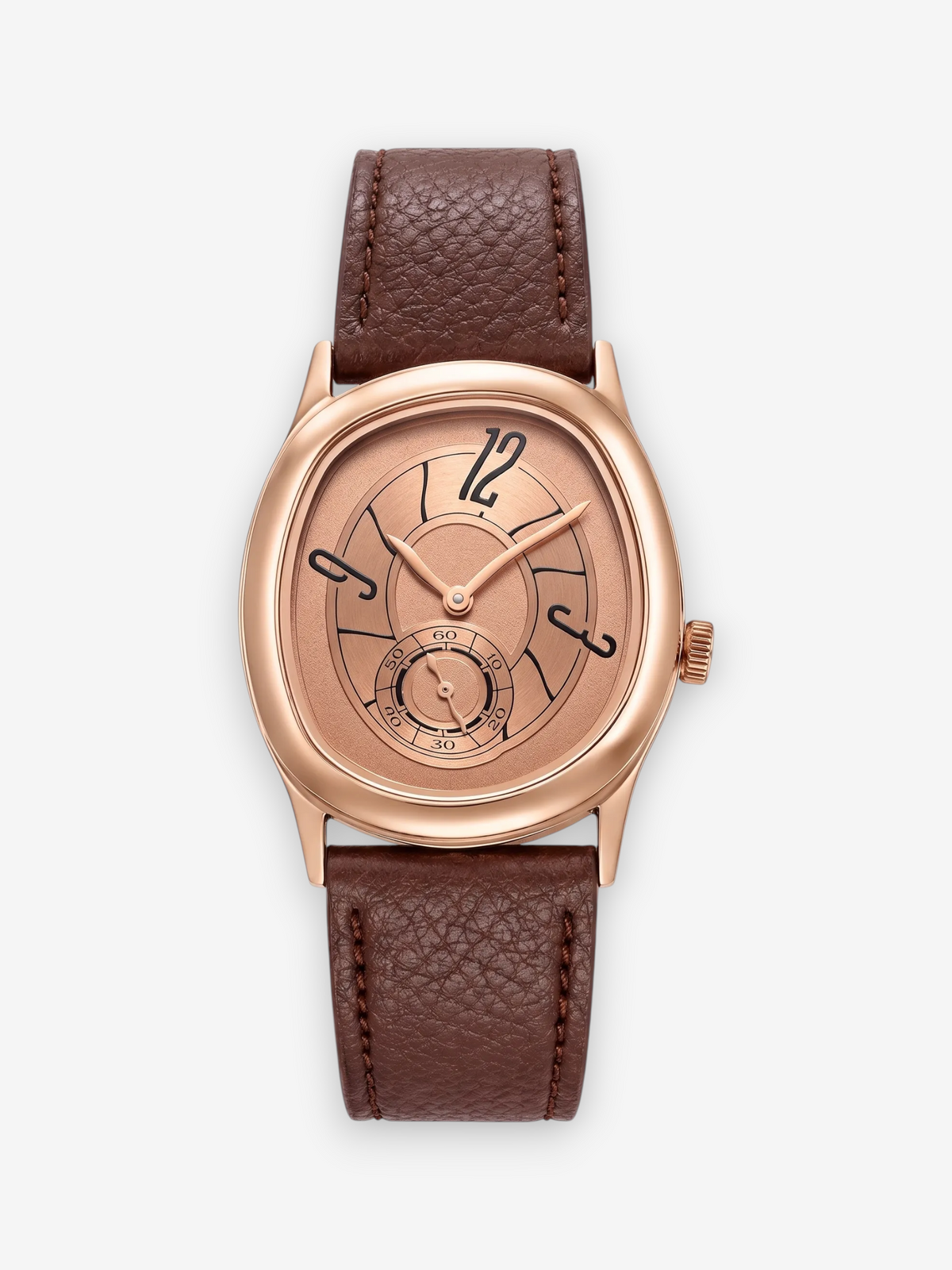 LOUVOND Lucien horloge met roségouden kast, bruine leren band en unieke wijzerplaat met sub-seconden display.