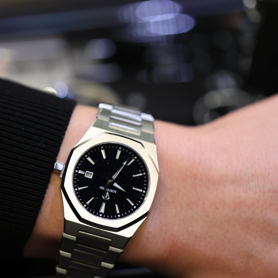 Men’s stainless steel wristwatch with minimalist graphite dial, sapphire crystal, waterproof, and Swiss Super-LumiNova details