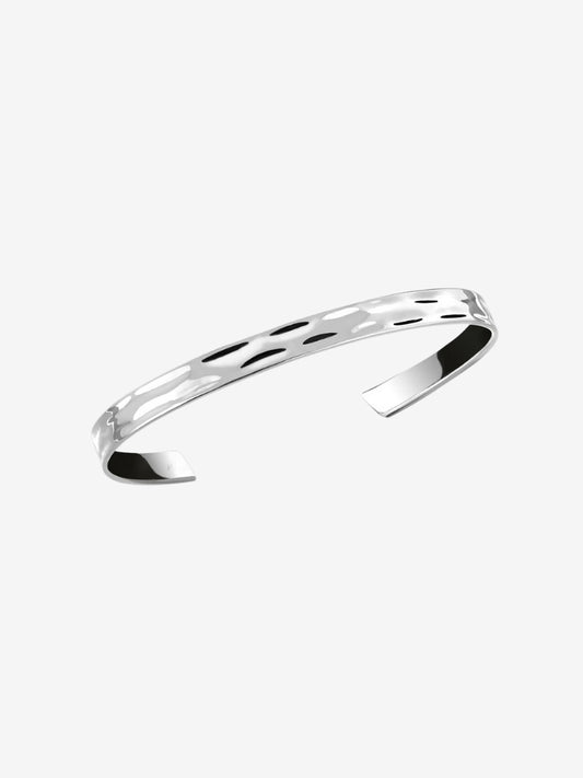 Sleek silver stainless steel bracelet with polished surface, hypoallergenic and water-resistant, suitable for daily wear
