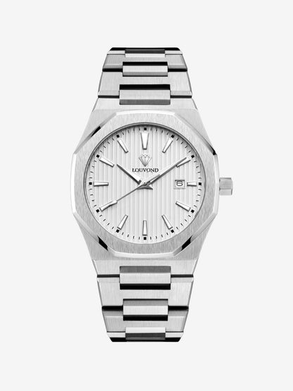 Men’s silver stainless steel wristwatch featuring a clean white dial, waterproof casing, and scratch-resistant sapphire crystal
