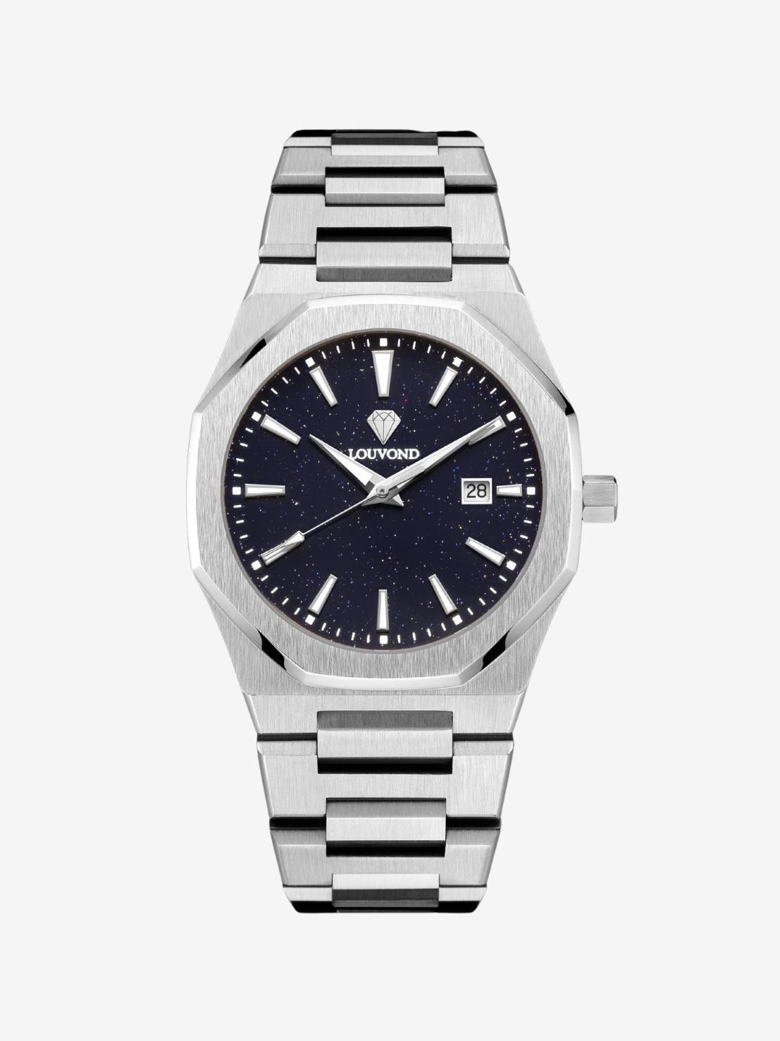 Men’s silver stainless steel wristwatch featuring a sleek black dial, waterproof casing, and scratch-resistant sapphire crystal
