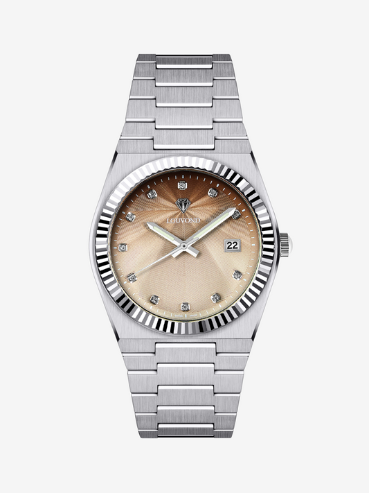 Champagne dial men’s stainless steel watch with brown dial and waterproof design

