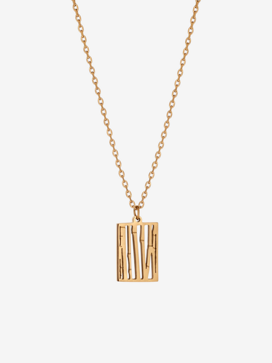 LOUVOND Abstract Pendant met een rechthoekige goudkleurige hanger met opengewerkte verticale lijnen aan een ketting.