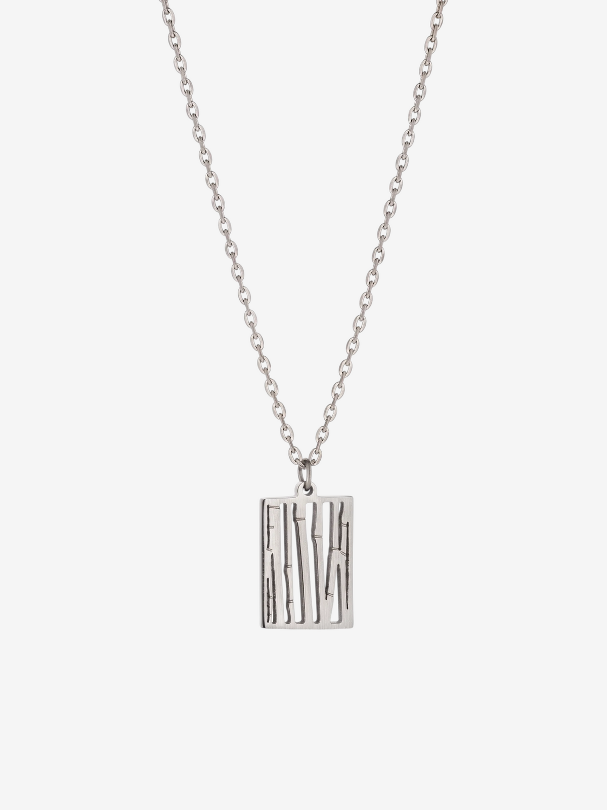 LOUVOND Abstract Pendant ketting met een zilverkleurige rechthoekige hanger met verticale open lijnen aan een ketting