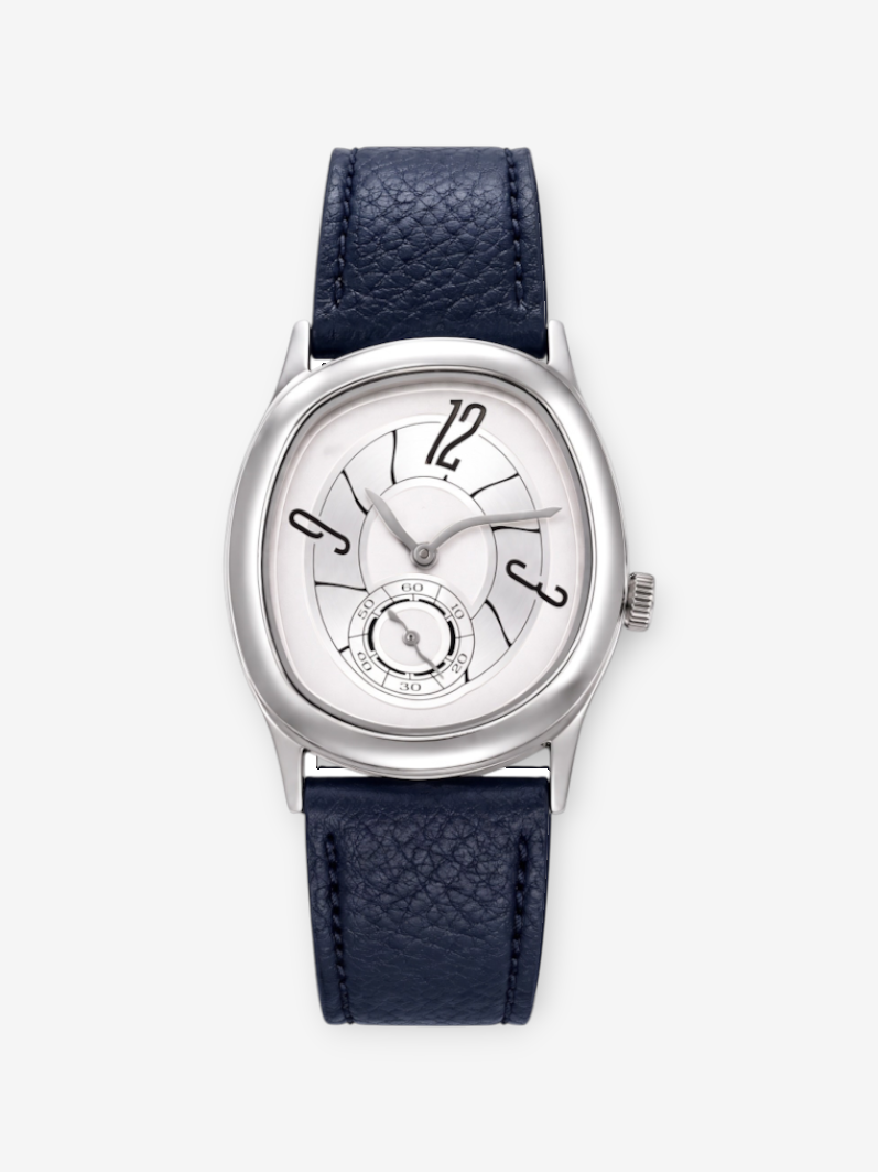 LOUVOND luxe analoog horloge met zilveren kast, witte wijzerplaat en diepblauwe generfde lederen horlogeband.