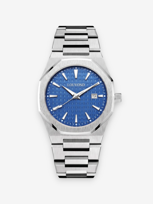 LOUVOND Célestin horloge met 40mm roestvrijstalen kast, blauwe wijzerplaat met patroon en saffierglas