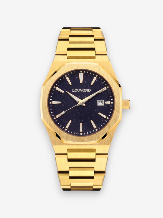 LOUVOND Célestin horloge met gouden roestvrijstalen band en een donkerblauwe wijzerplaat met sterrenhemel-effect.