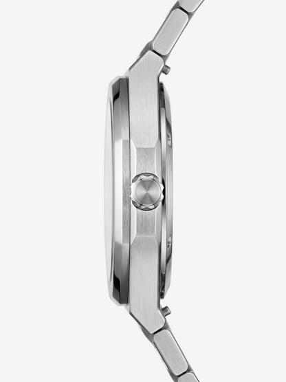 Zijaanzicht van het LOUVOND Célestin horloge met een roestvrijstalen kast en minimalistische witte wijzerplaat.