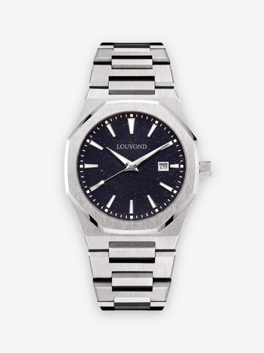 LOUVOND Célestin horloge met zilverkleurige roestvrijstalen band en een diepblauwe wijzerplaat met sterrenhemel effect