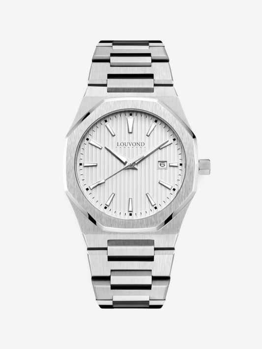 LOUVOND Célestin minimalist 40mm horloge met witte wijzerplaat, roestvrijstalen kast en saffierglas.
