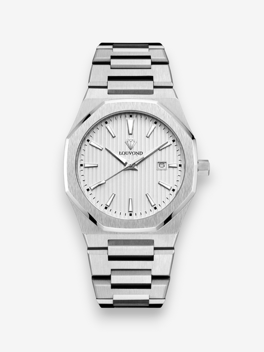 LOUVOND Classique Blanc Cristal minimalistisch horloge met witte wijzerplaat, saffierglas en roestvrijstalen band.