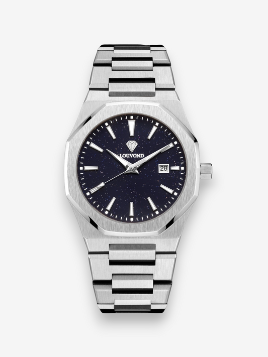 LOUVOND Classique Ciel zilveren horloge met een donkerblauwe aventurijn wijzerplaat en roestvrijstalen schakelband.