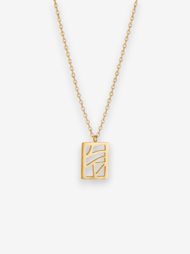 LOUVOND goudkleurige ketting met een rechthoekige hanger voorzien van een abstract opengewerkt design.