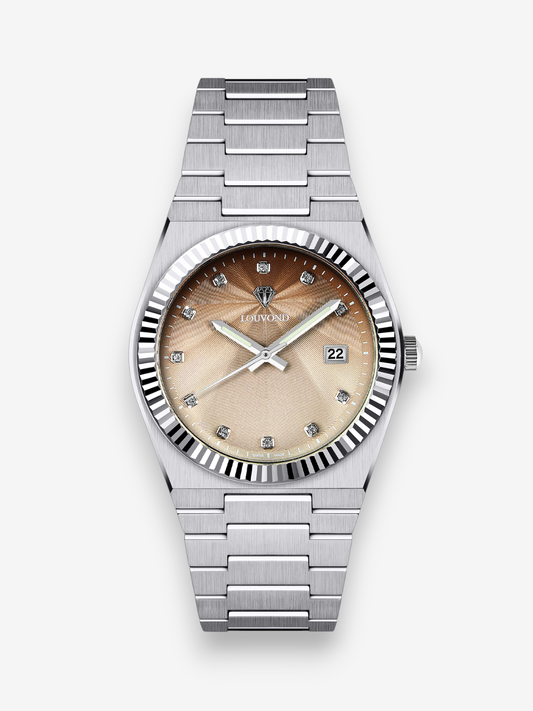 LOUVOND Lenor Champagne horloge met zilverkleurige stalen band, getextureerde wijzerplaat en diamanten indexen.