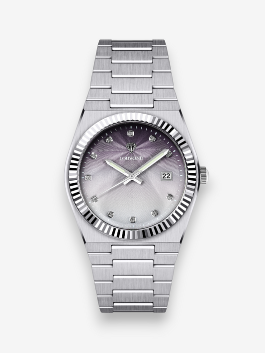 LOUVOND Lenor Graphite horloge met zilverkleurige stalen band, getextureerde wijzerplaat en diamanten indexen.