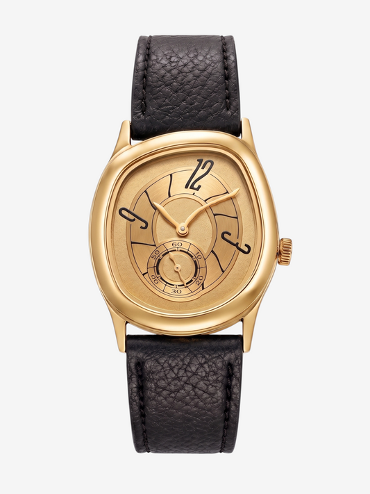 LOUVOND Lucien horloge met goudkleurige kast, goudkleurige wijzerplaat met artistieke cijfers en zwarte leren band.