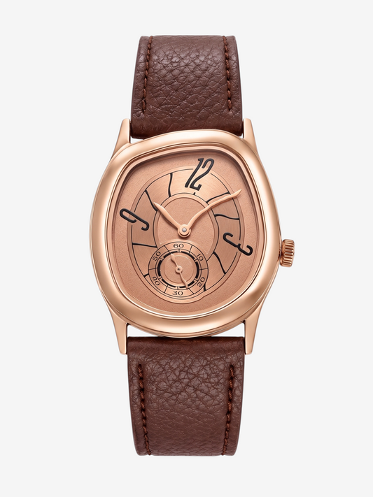 LOUVOND Lucien horloge met roségouden kast, champagnekleurige wijzerplaat en donkerbruine generfde leren horlogeband.