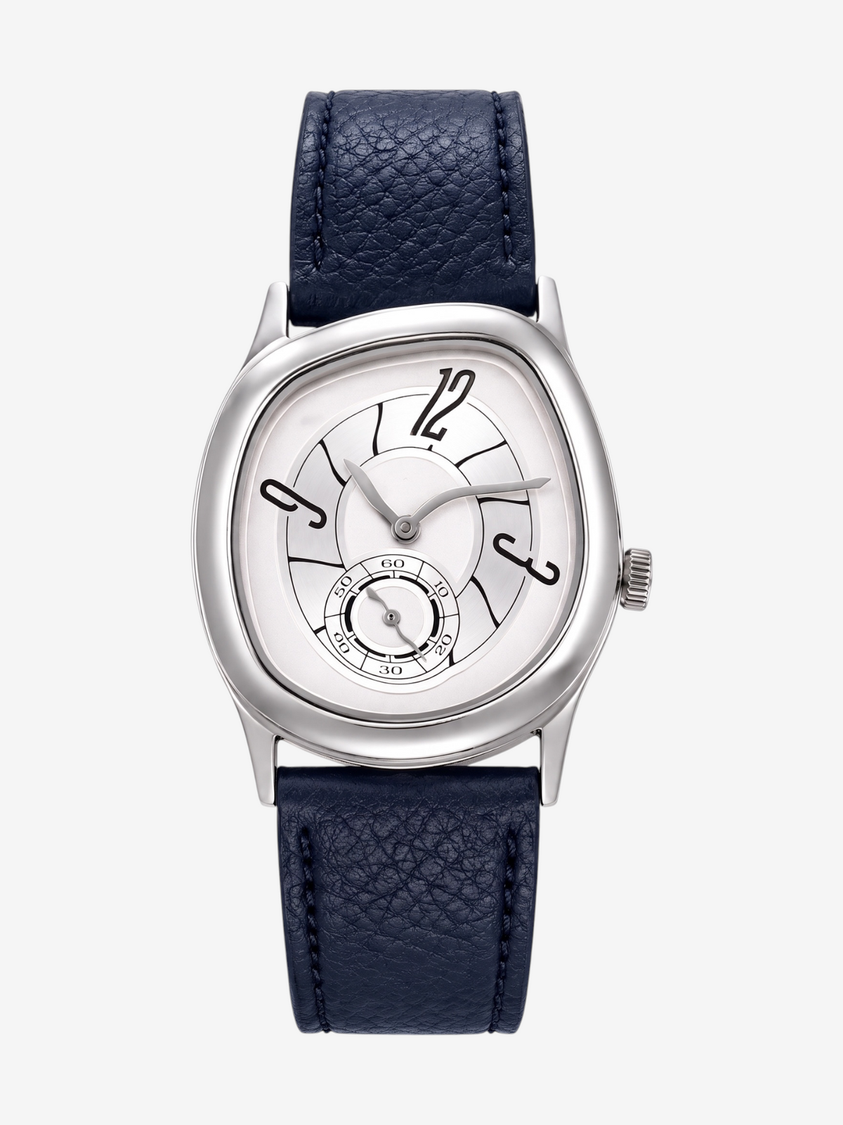 LOUVOND Lucien horloge met zilverkleurige kast, witte wijzerplaat met artistieke cijfers en marineblauwe leren band.