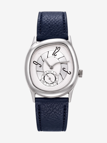 LOUVOND Lucien horloge met zilverkleurige kast, witte wijzerplaat met artistieke cijfers en marineblauwe leren band.