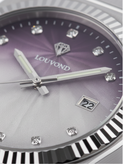 LOUVOND Monarch horloge met paarse gradiënt wijzerplaat, diamanten indexen en geribbelde zilveren rand