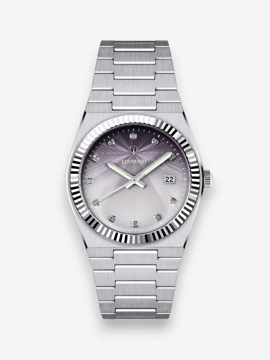 LOUVOND Monarch horloge met zilverkleurige roestvrijstalen band, getextureerde wijzerplaat en diamanten indexen.