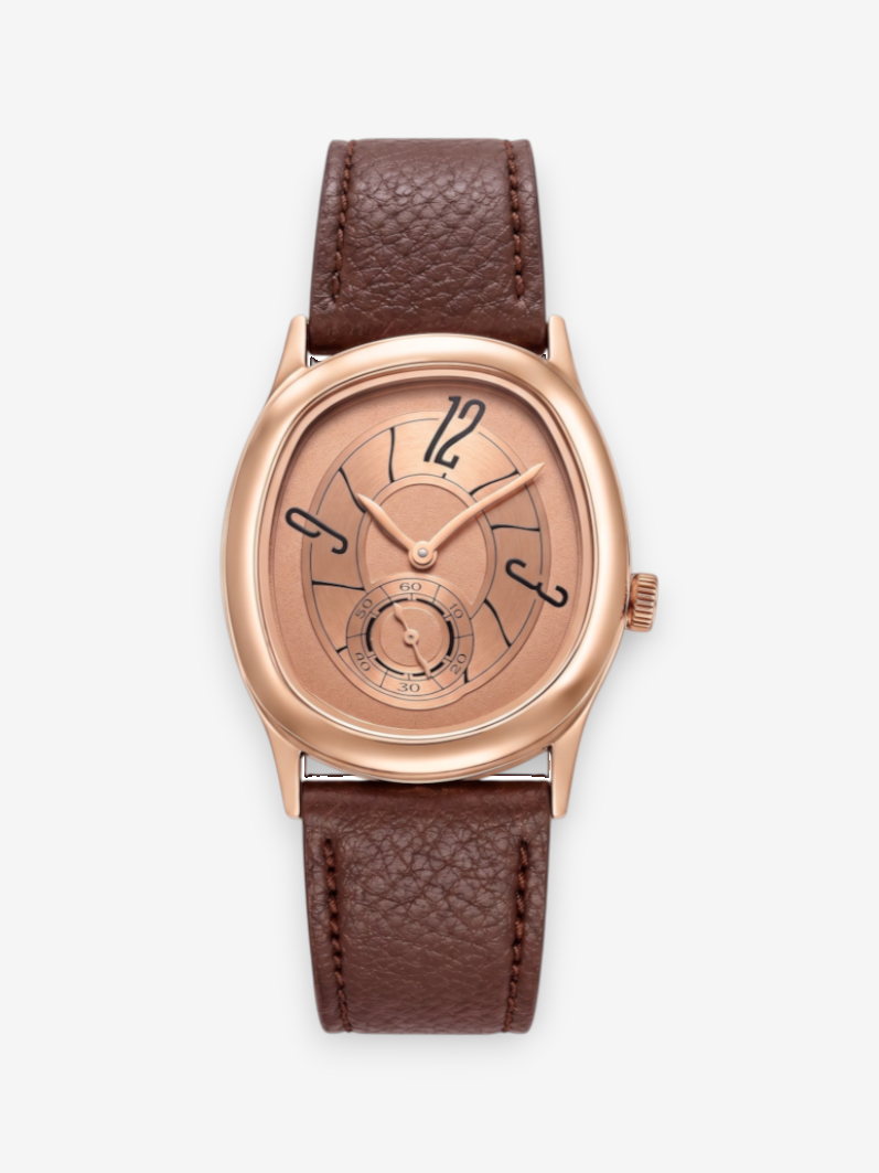 LOUVOND luxe analoog horloge met roségouden kast en bruine lederen band met unieke wijzerplaat en secondewijzer