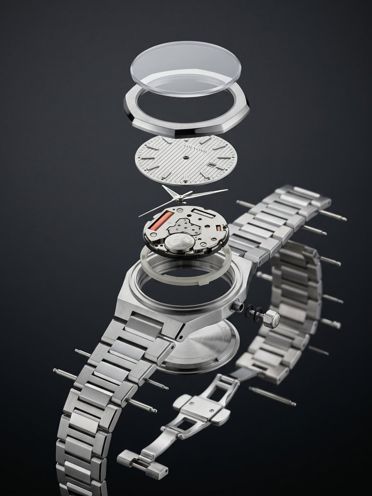 Disassembled 3D view of a silver 40mm Celestijn Louvond watch and metal bracelet.